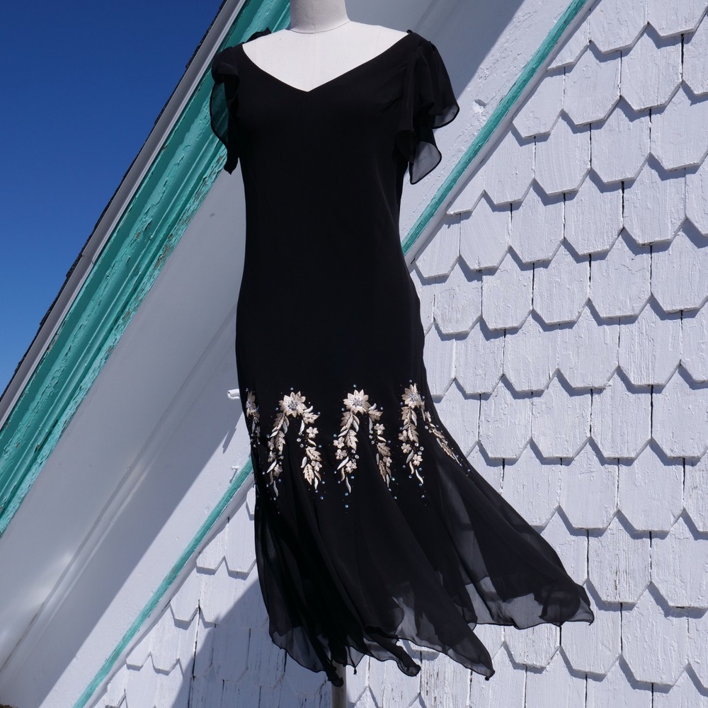 90s/y2k S.L. Fashions bias cut flutter sleeve beaded midi dress